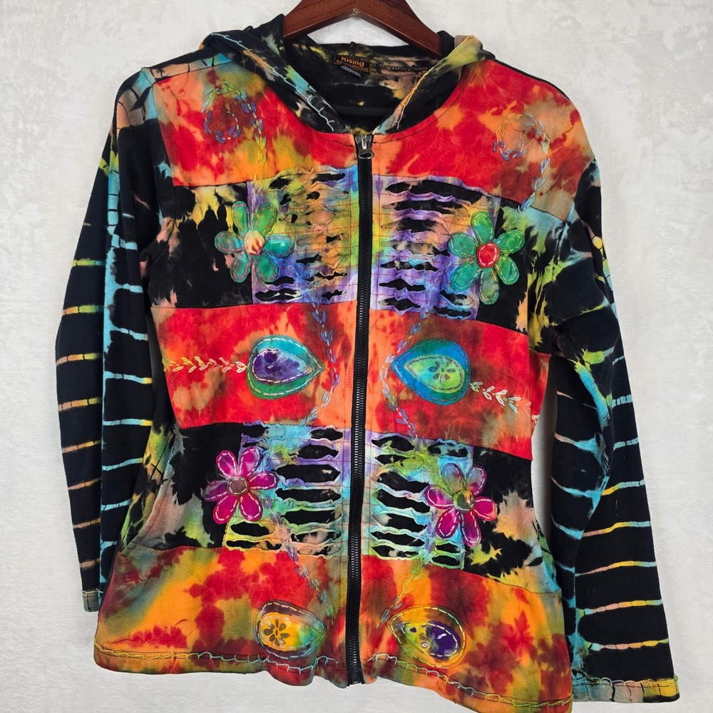 Rising International Women M Tie Dye Patchwork Floral Embroidered Zip Hoodie